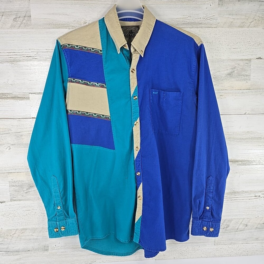 Vintage 1990s Spindle River Men’s SIZE LARGE Western Button Up Shirt Aztec Trim.